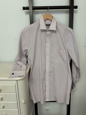 Van Heusen Men's White, Blue and peach Checkered Dress Shirt with cufflinks